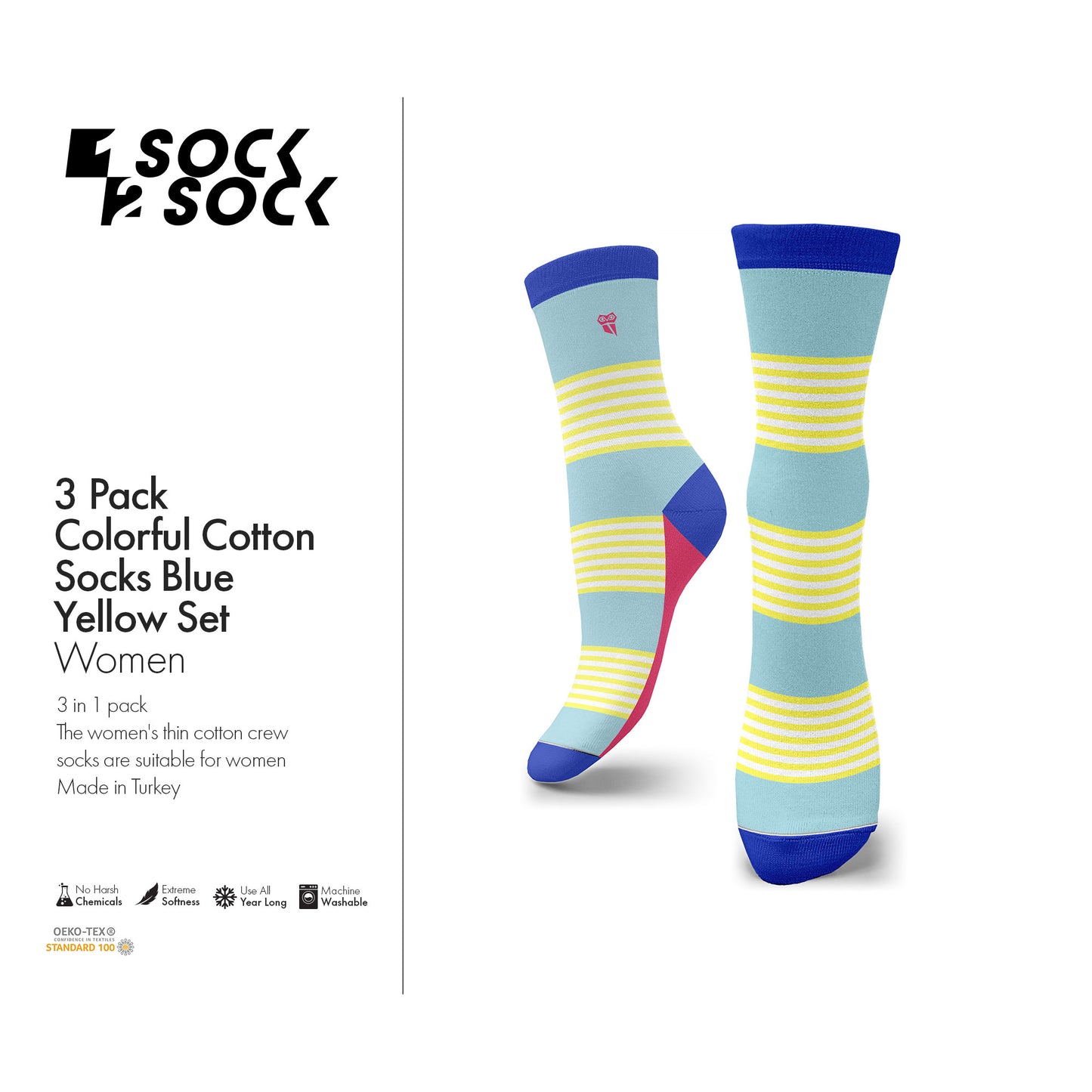 3 PACK COLORFUL COTTON SOCKS BLUE YELLOW SET