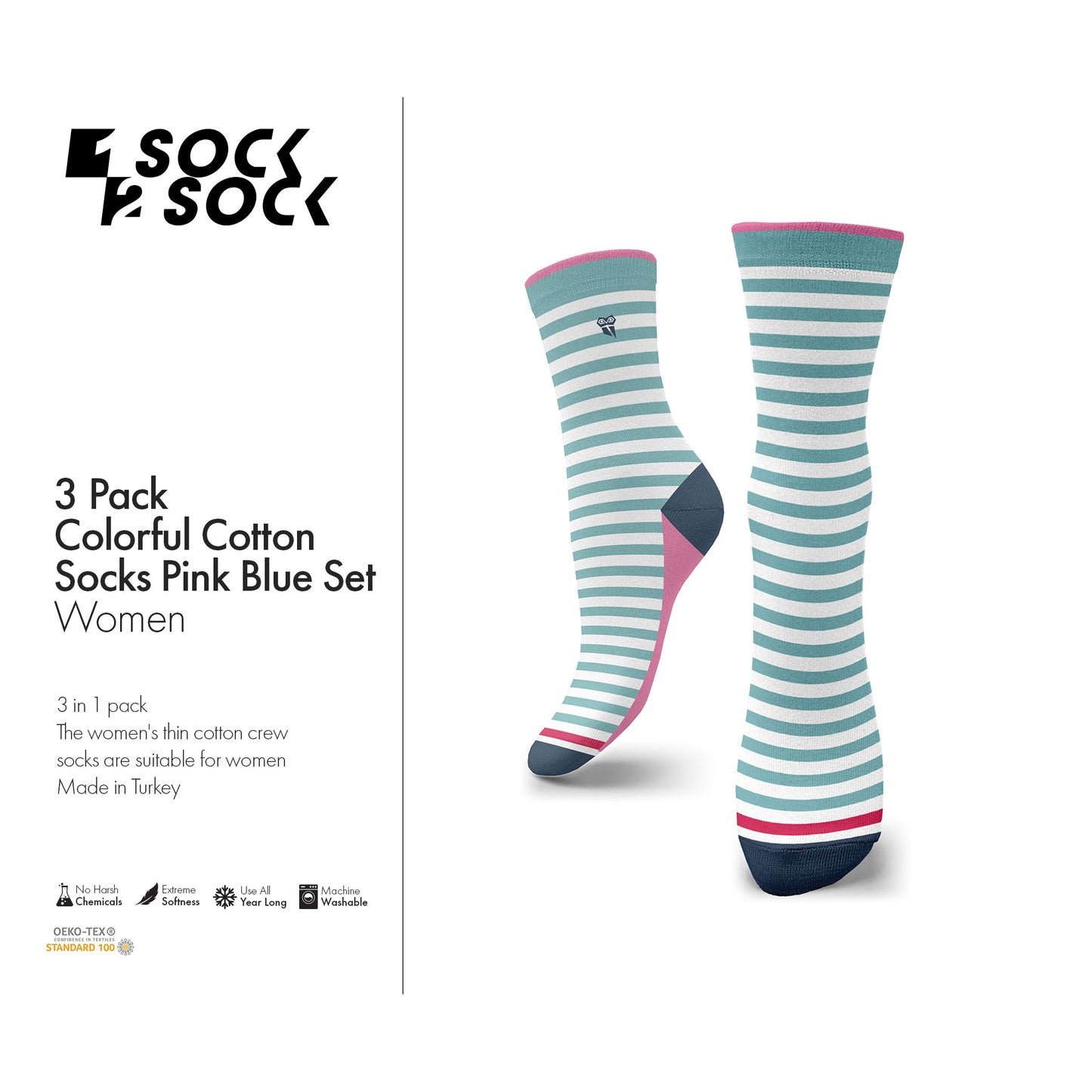 3 PACK COLORFUL COTTON SOCKS PINK BLUE SET