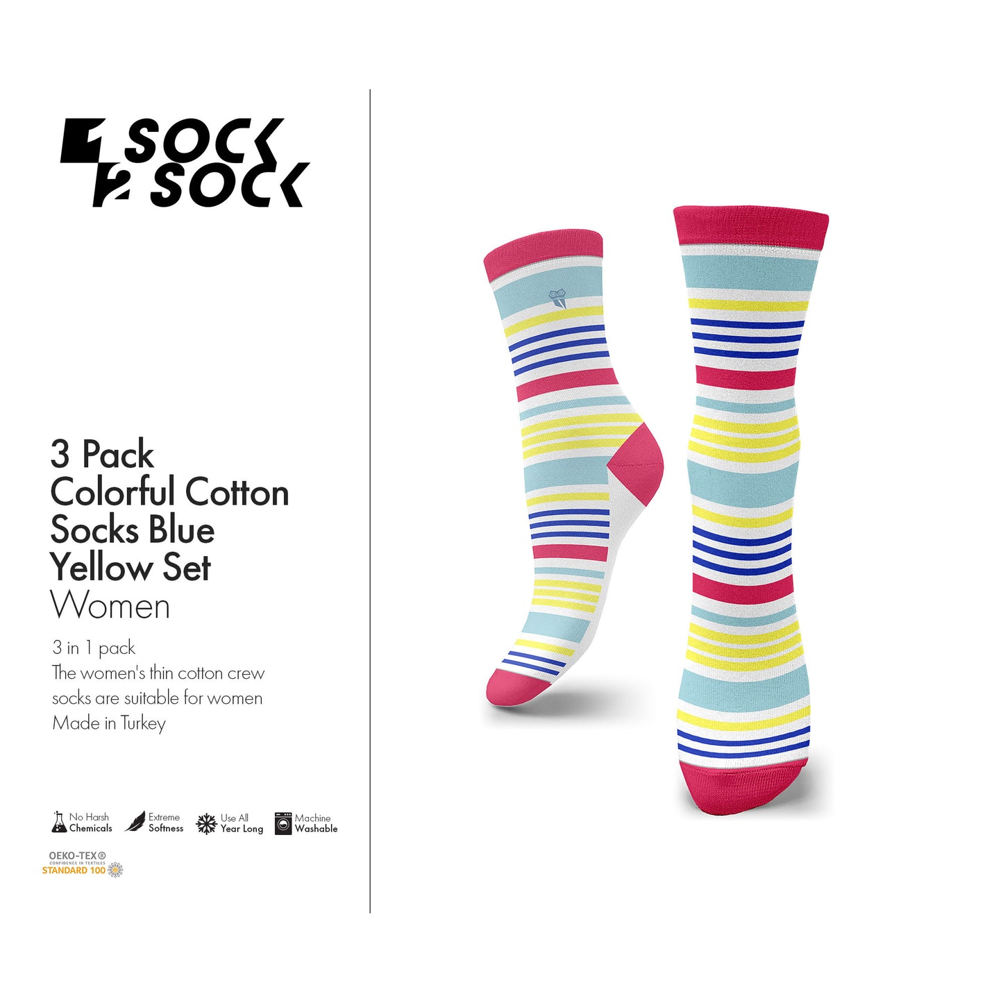 3 PACK COLORFUL COTTON SOCKS BLUE YELLOW SET