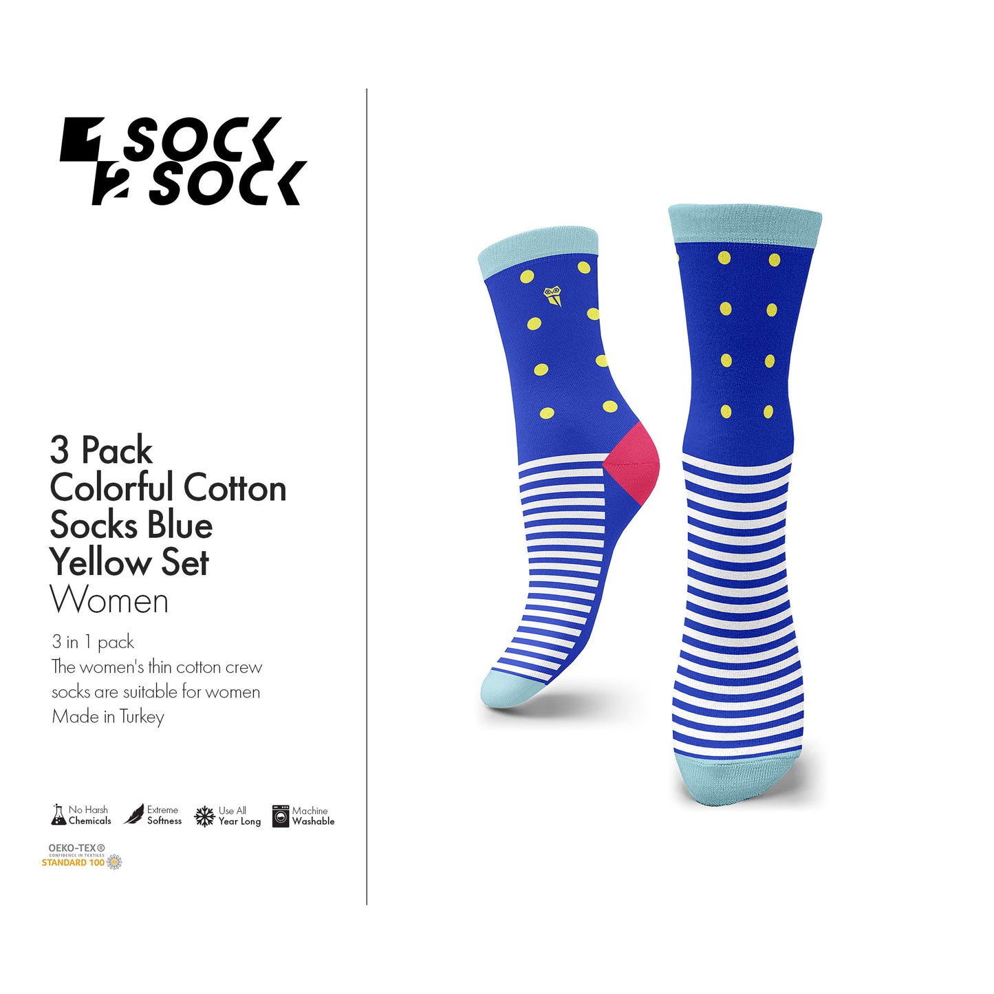 3 PACK COLORFUL COTTON SOCKS BLUE YELLOW SET