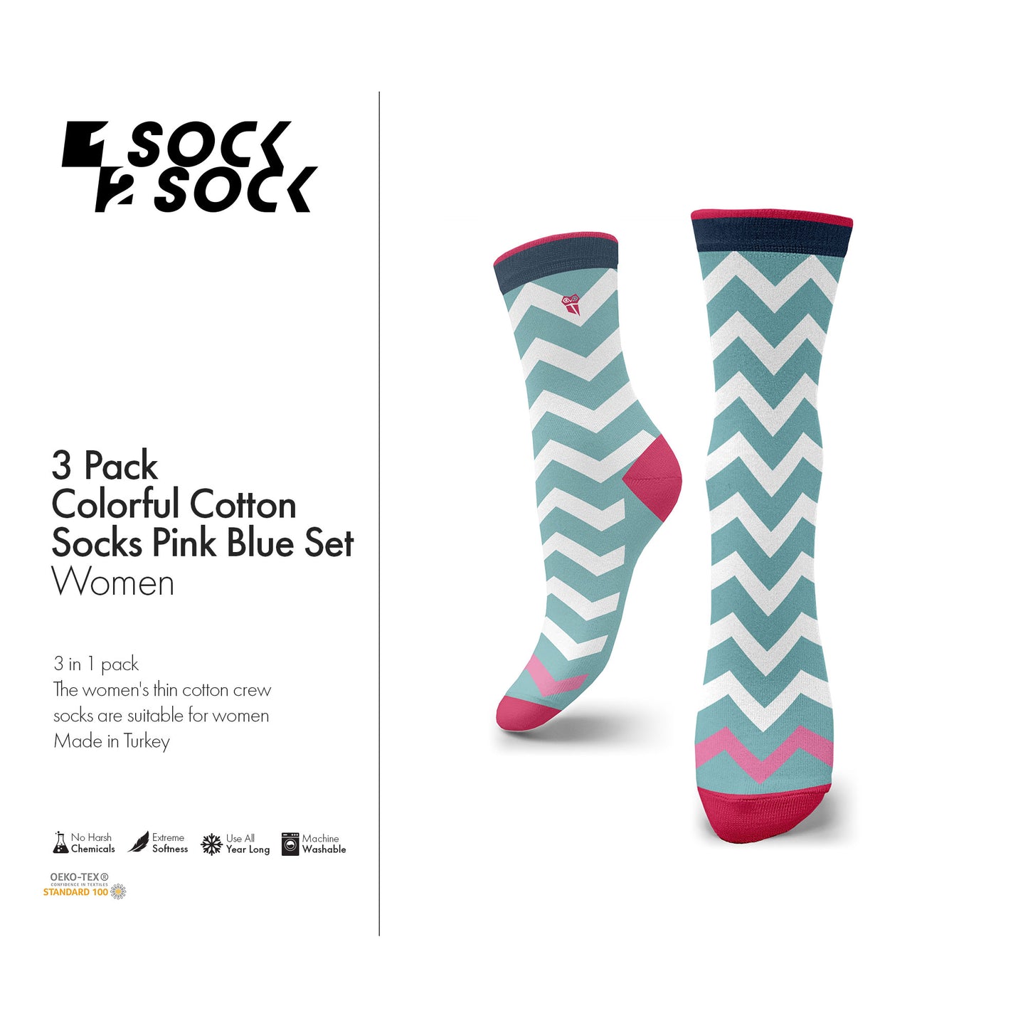 3 PACK COLORFUL COTTON SOCKS PINK BLUE SET