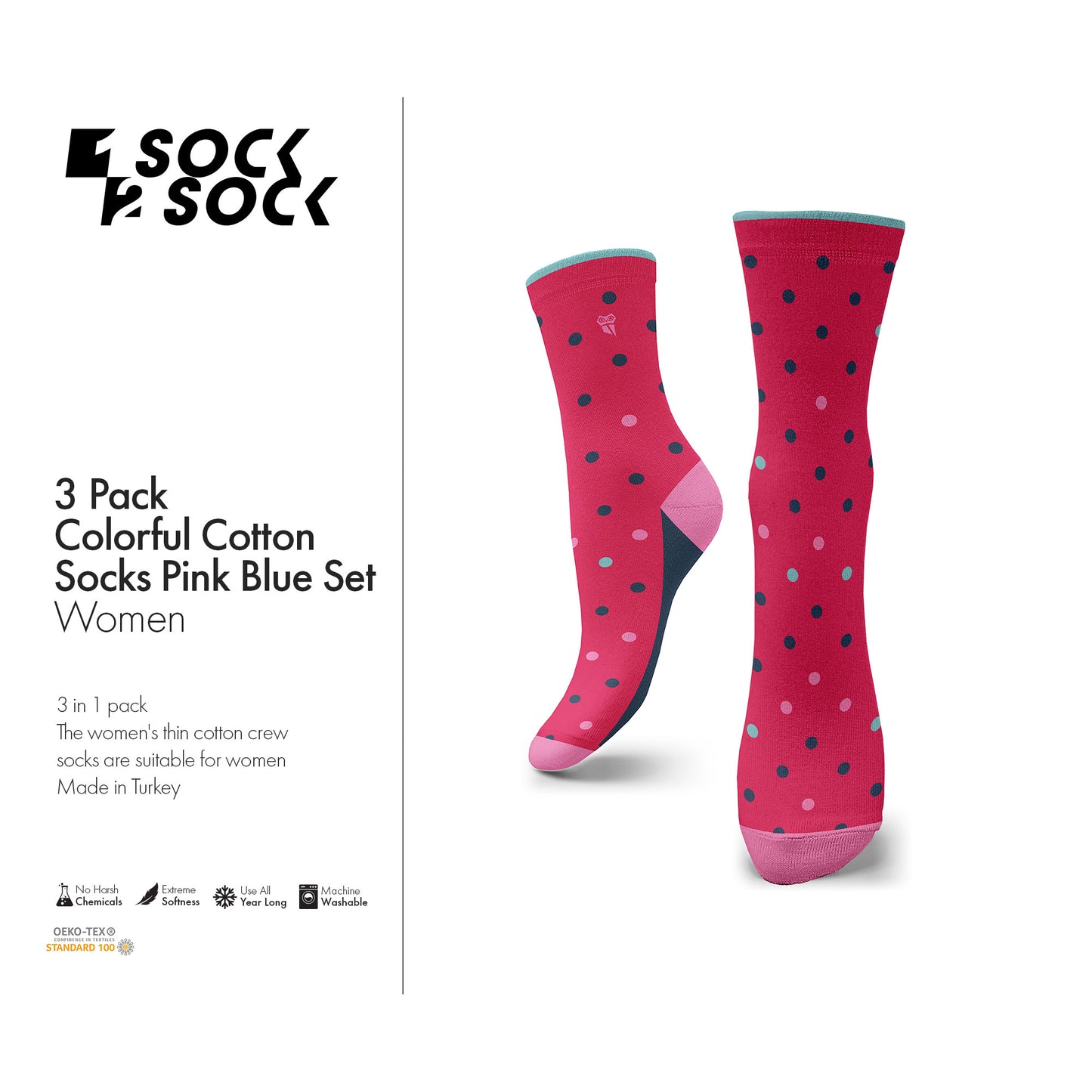 3 PACK COLORFUL COTTON SOCKS PINK BLUE SET