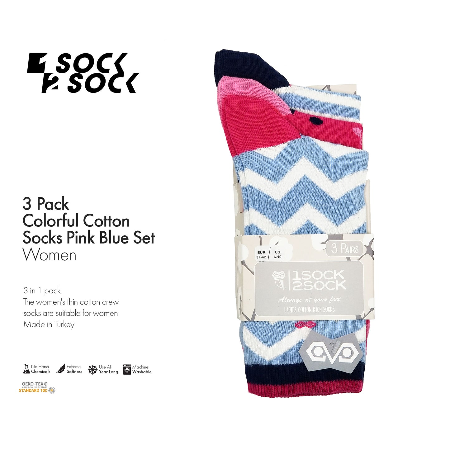 3 PACK COLORFUL COTTON SOCKS PINK BLUE SET