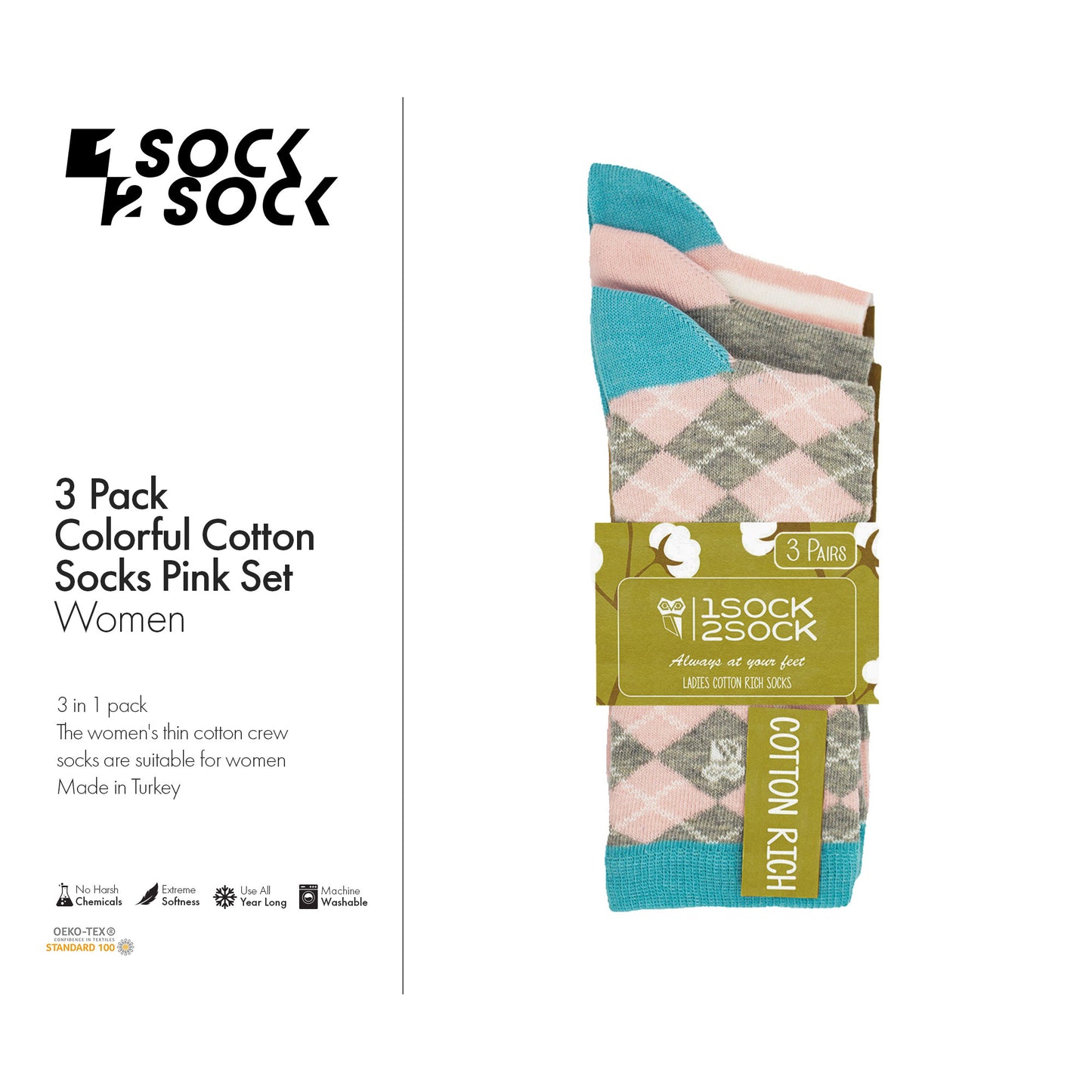 3 PACK COLORFUL COTTON SOCKS PINK SET