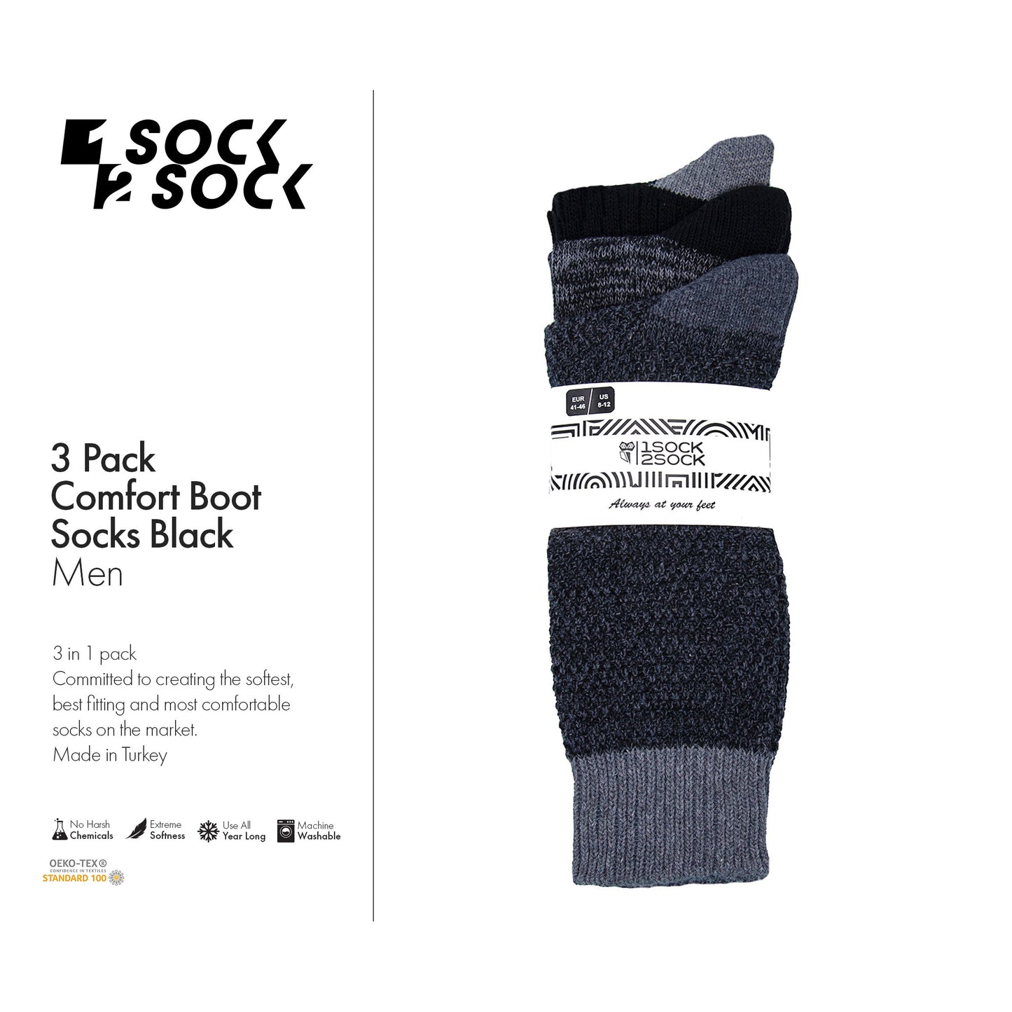3 PACK COMFORT BOOT SOCKS BLACK