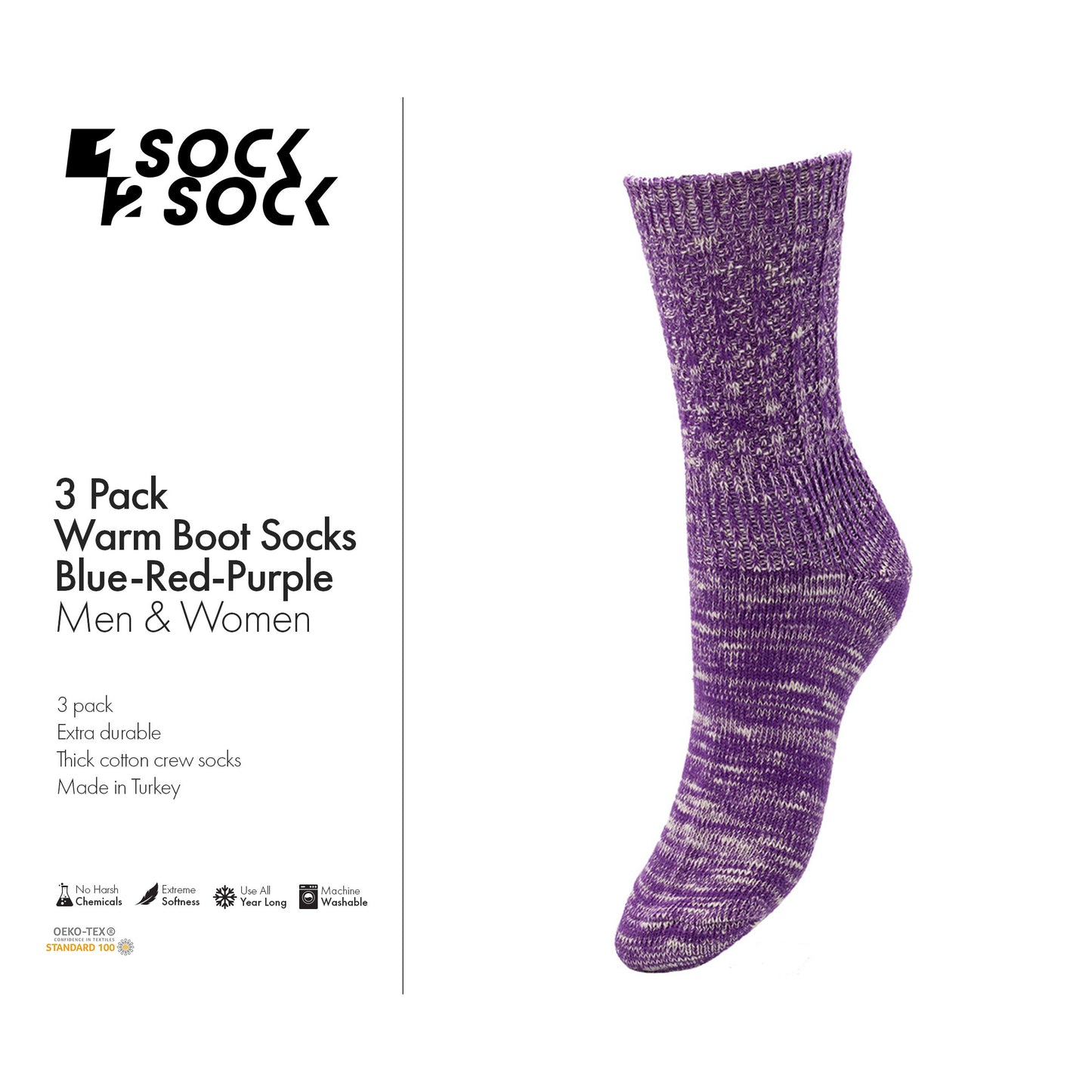 3 PACK WARM BOOT SOCKS BLUE-RED-PURPLE