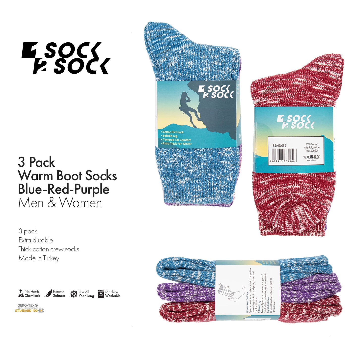 3 PACK WARM BOOT SOCKS BLUE-RED-PURPLE