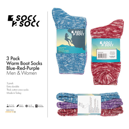 3 PACK WARM BOOT SOCKS BLUE-RED-PURPLE
