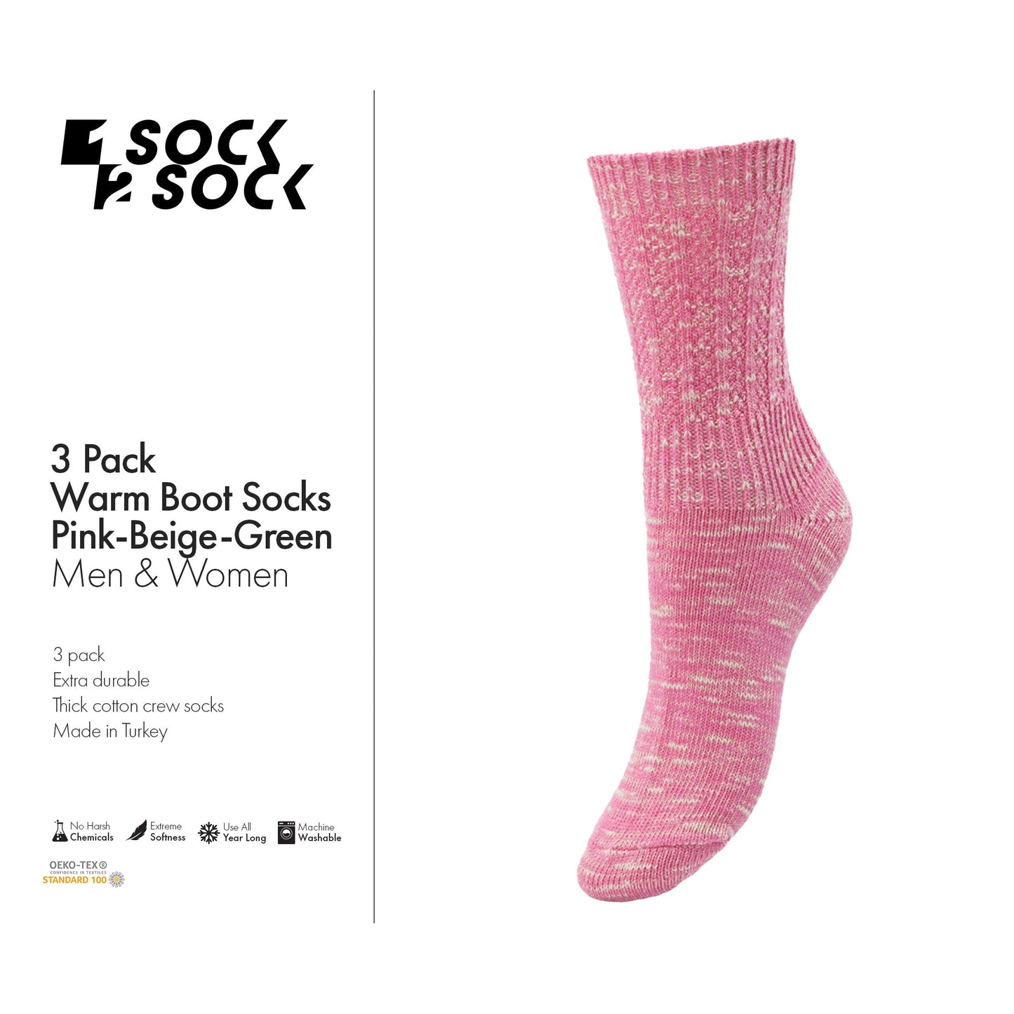 3 PACK WARM BOOT SOCKS PINK-BEIGE-GREEN