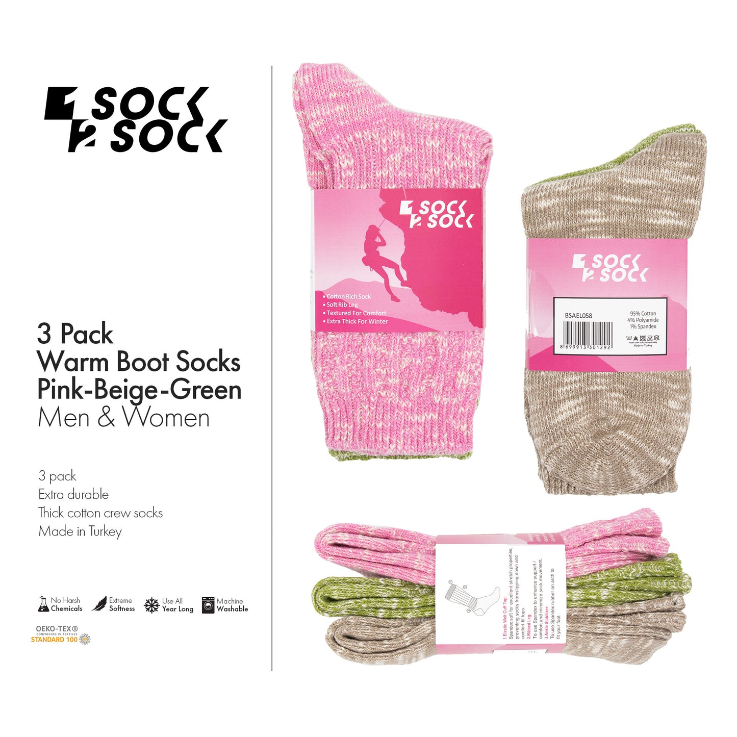 3 PACK WARM BOOT SOCKS PINK-BEIGE-GREEN