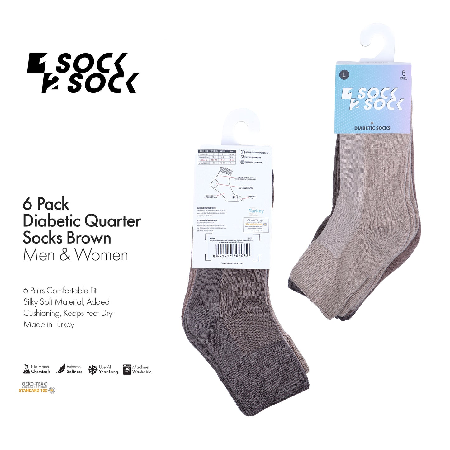 6 PACK DIABETIC QUARTER SOCKS FOR MEN AND WOMEN BROWN