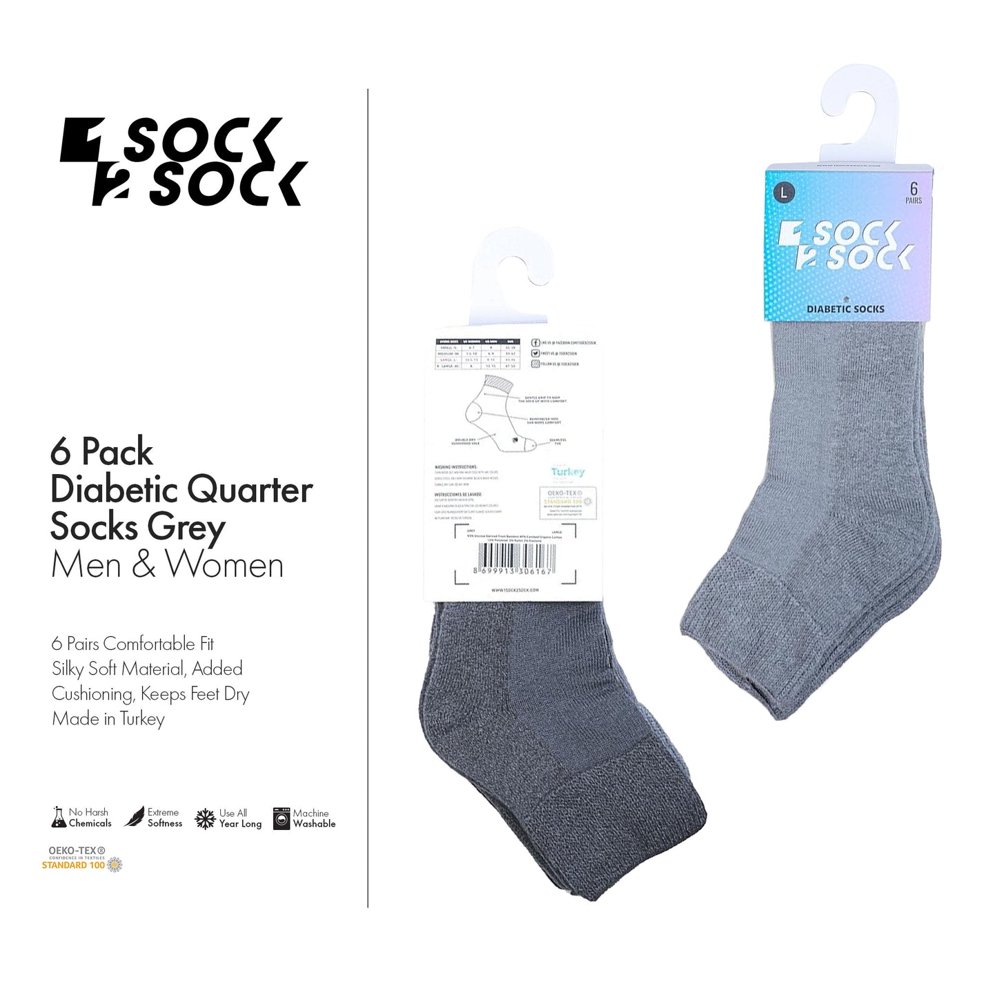 6 PACK DIABETIC QUARTER SOCKS FOR MEN AND WOMEN GREY
